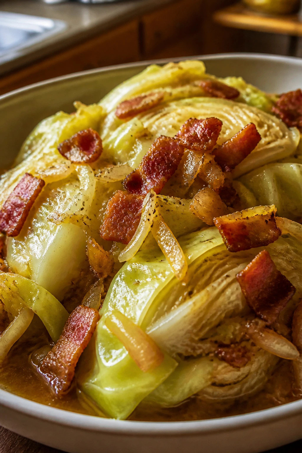 Close-up of braised cabbage with bacon and onion on a round plate