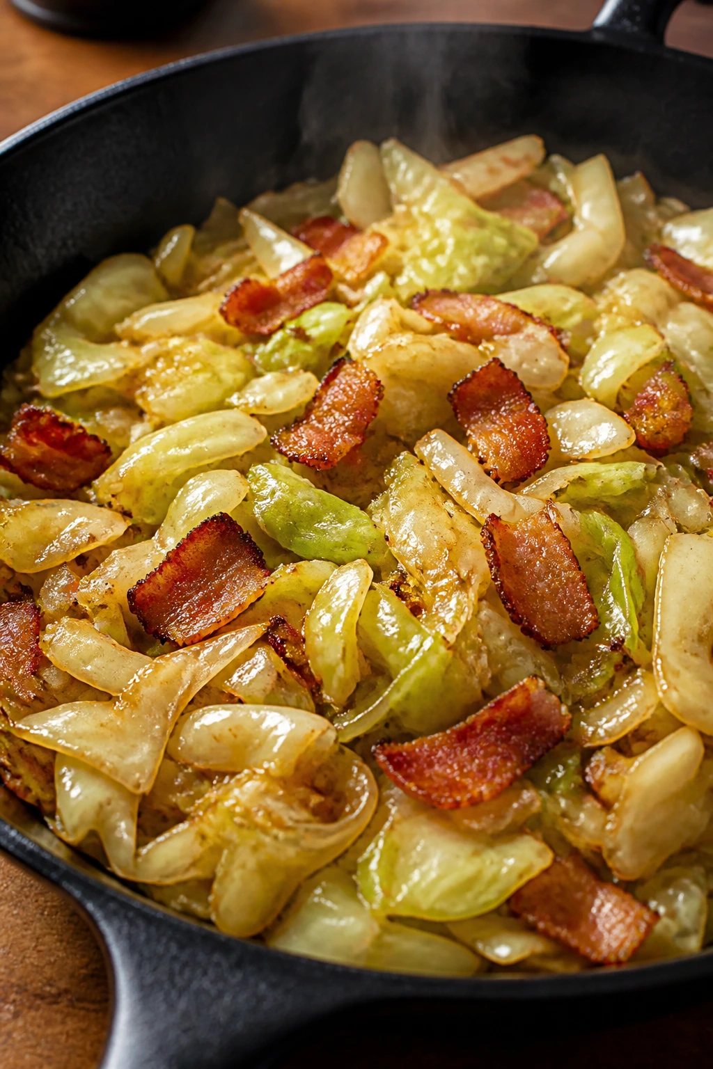 Skillet of cabbage and bacon stir-fry filling the frame