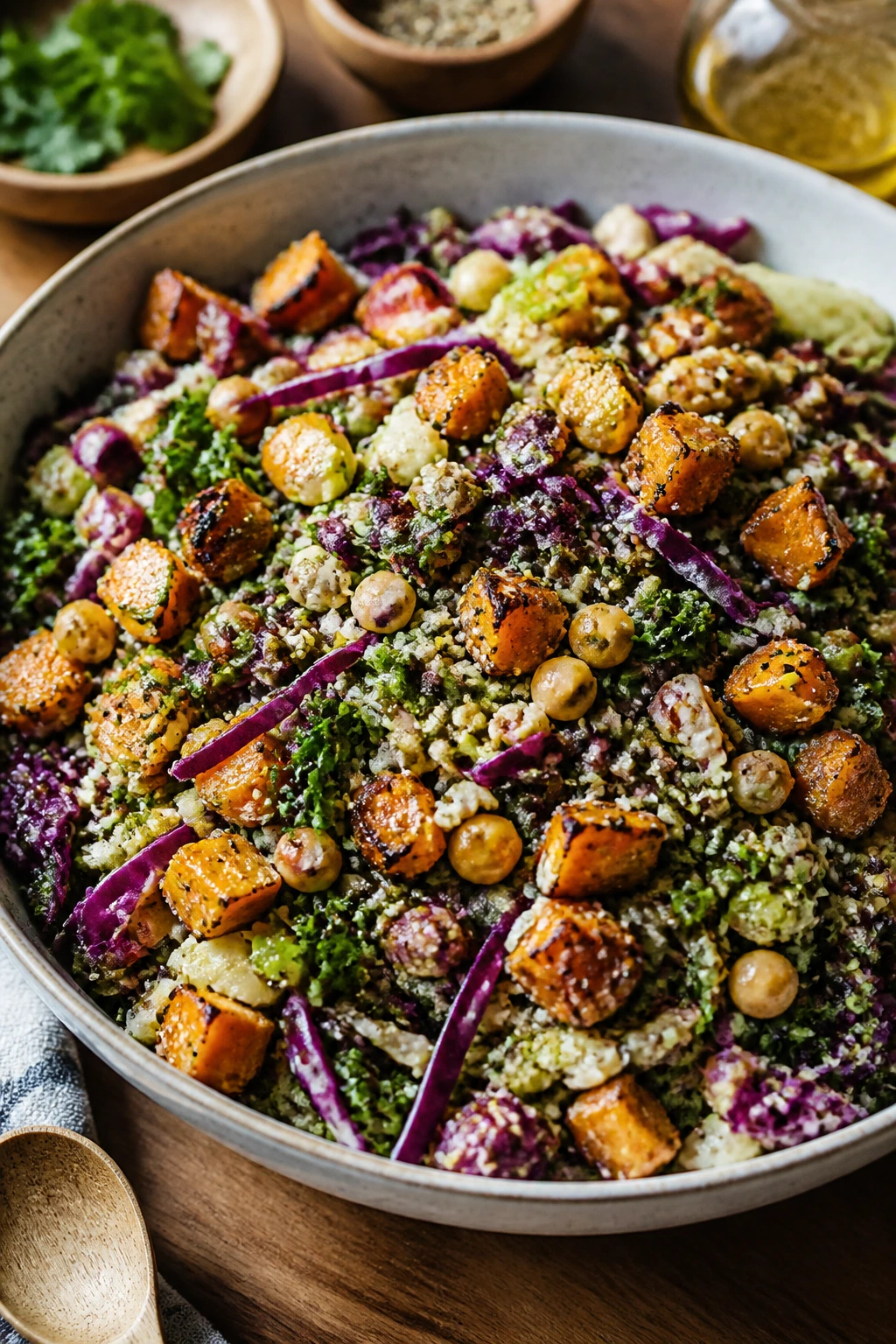 Vibrant cabbage and bean grain salad in a large bowl ready for meal prep
