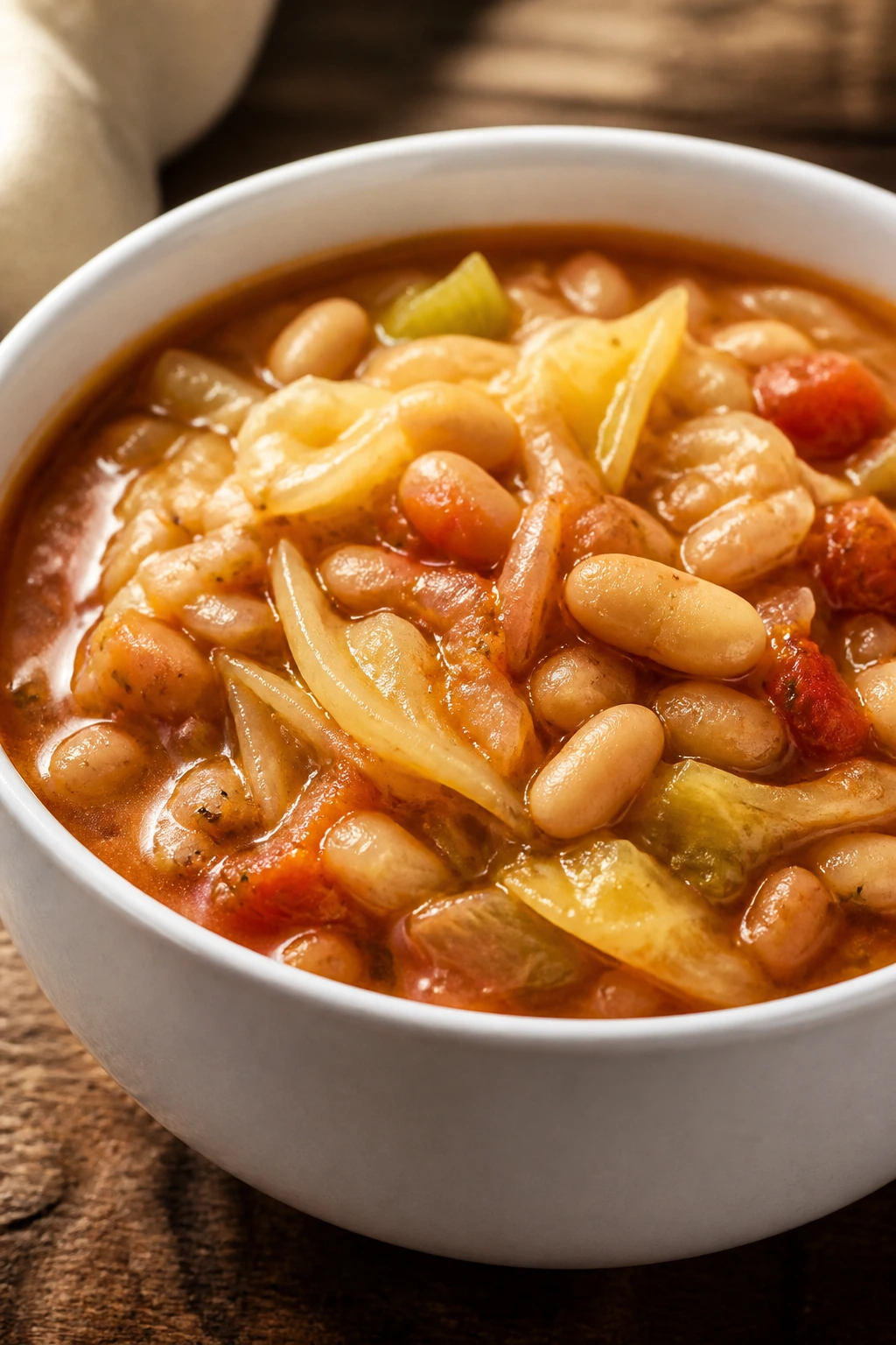 Close-up of cabbage and white bean soup in a bowl with cabbage visible