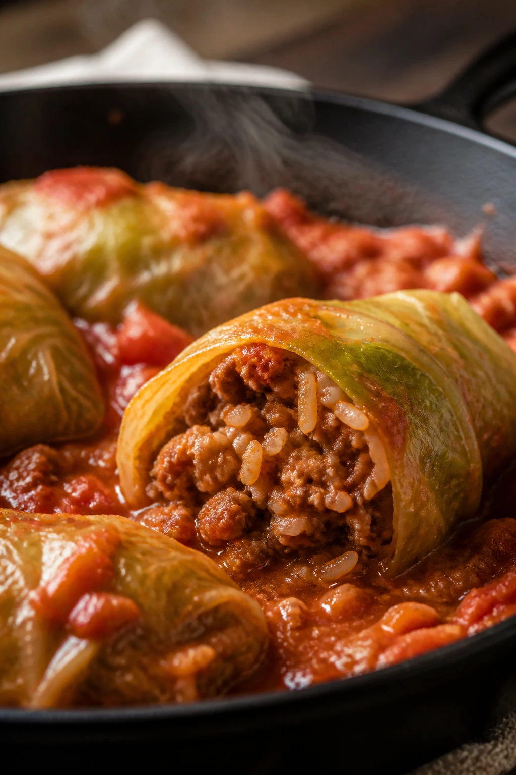 Skillet stuffed cabbage with beef and sausage in tomato sauce