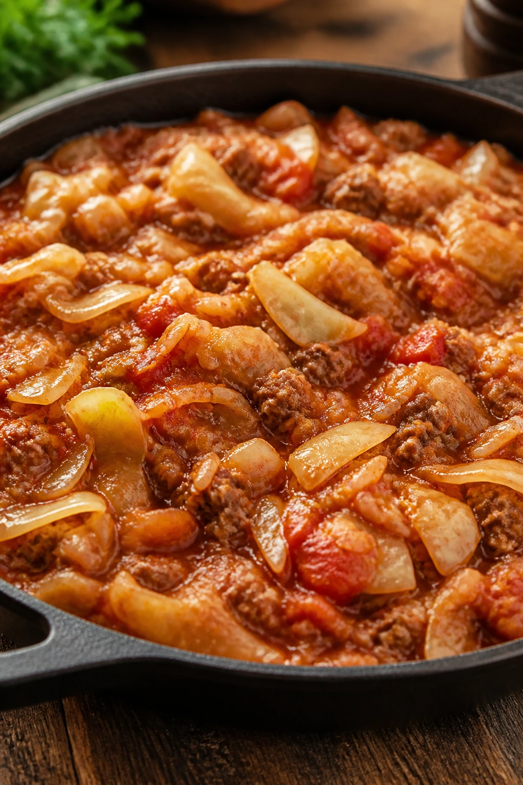 Close-up of a cabbage-beef-rice skillet in tomato sauce