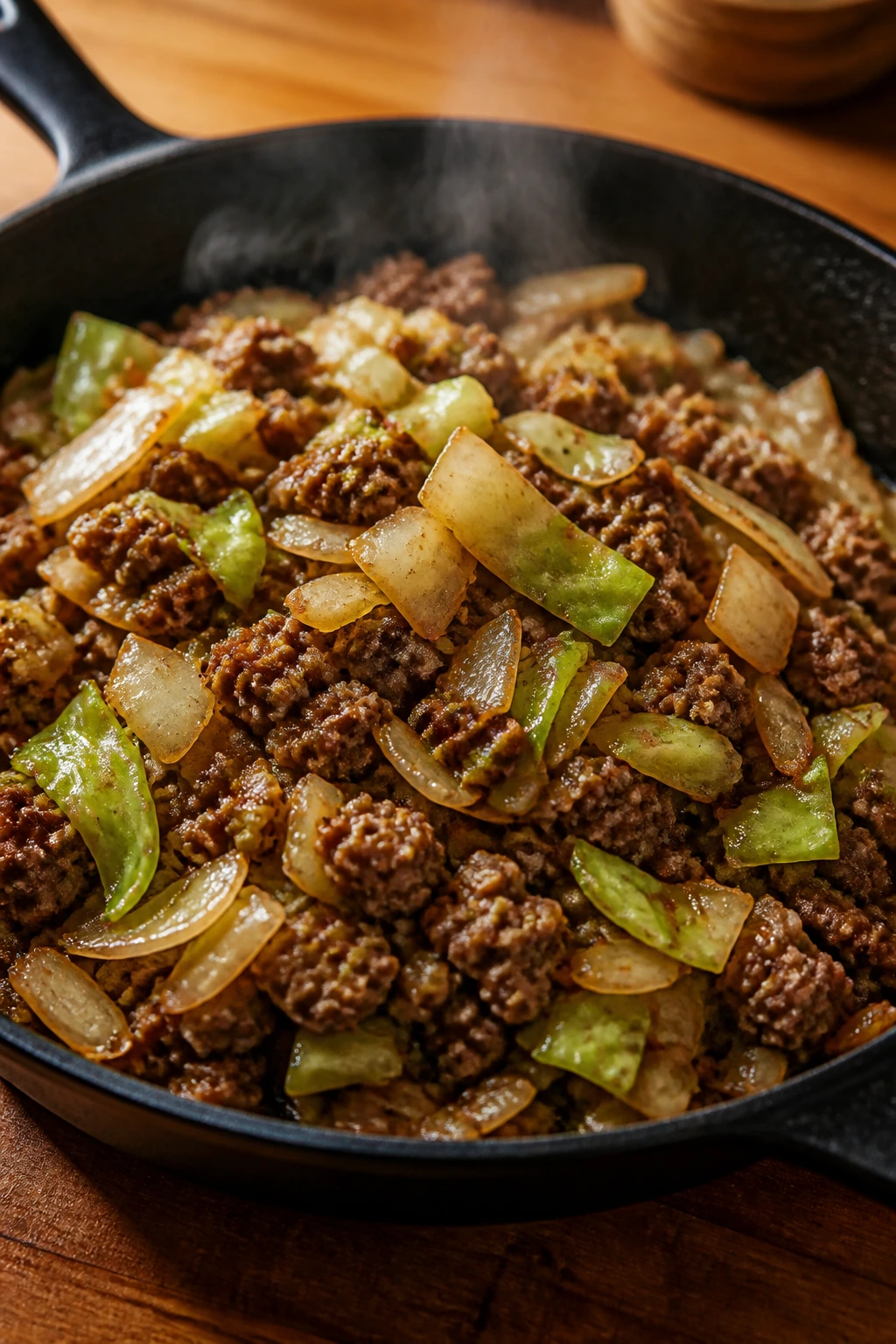 Close-up of cabbage and beef skillet with browned beef and green cabbage.