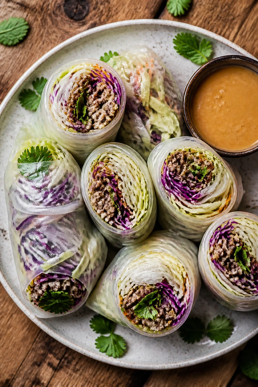 Top-down view of cabbage beef summer rolls on a wooden board