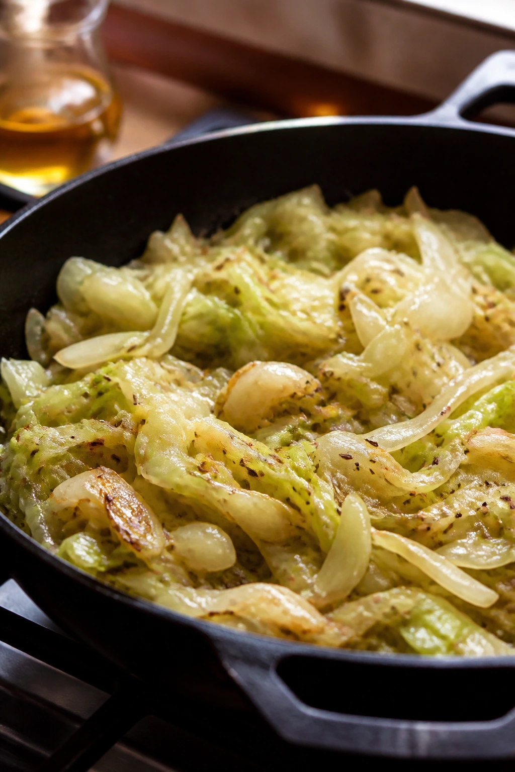 Close-up of cabbage and onion skillet with caraway seeds in a warm kitchen