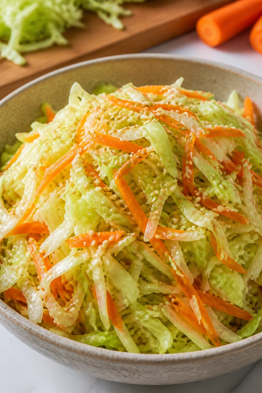 Cabbage and carrot slaw with sesame seeds in a bowl