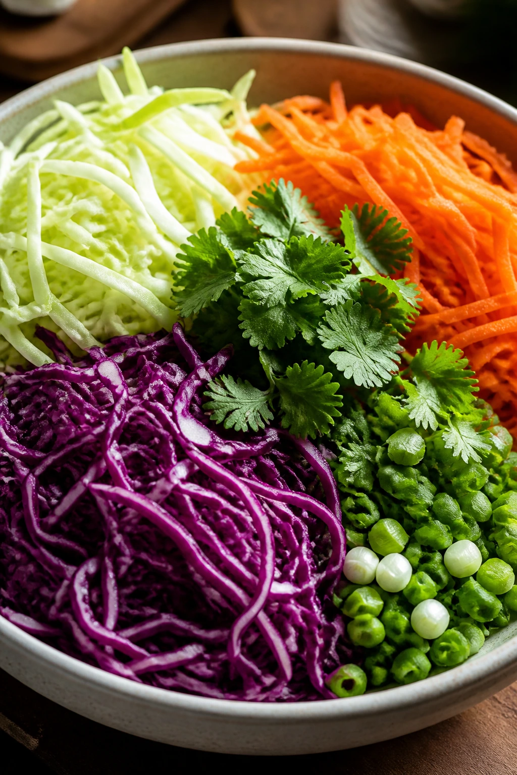 Colorful bowl showing distinct cabbage, carrot, and herb ribbons