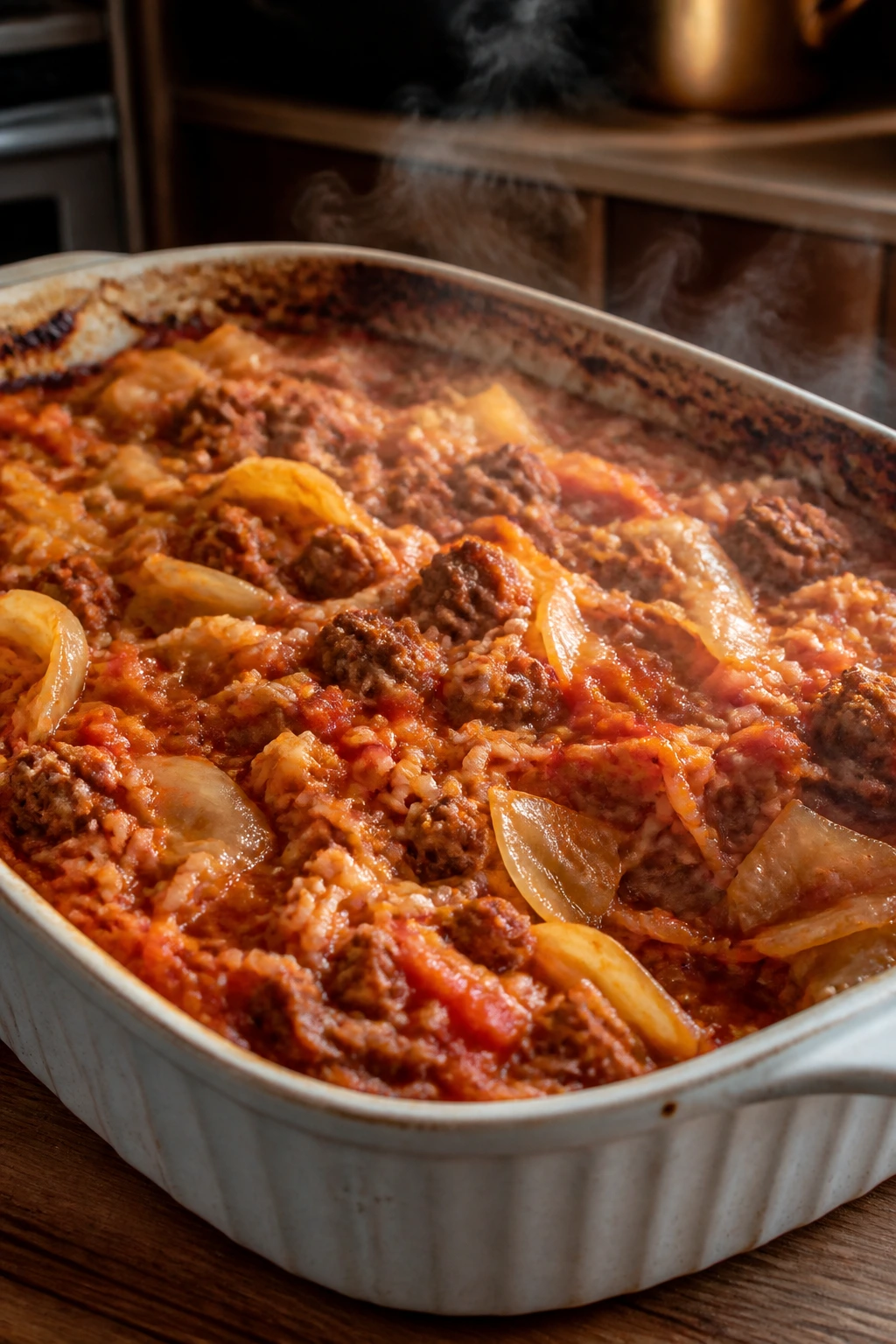 Close-up of unstuffed cabbage casserole with beef rice
