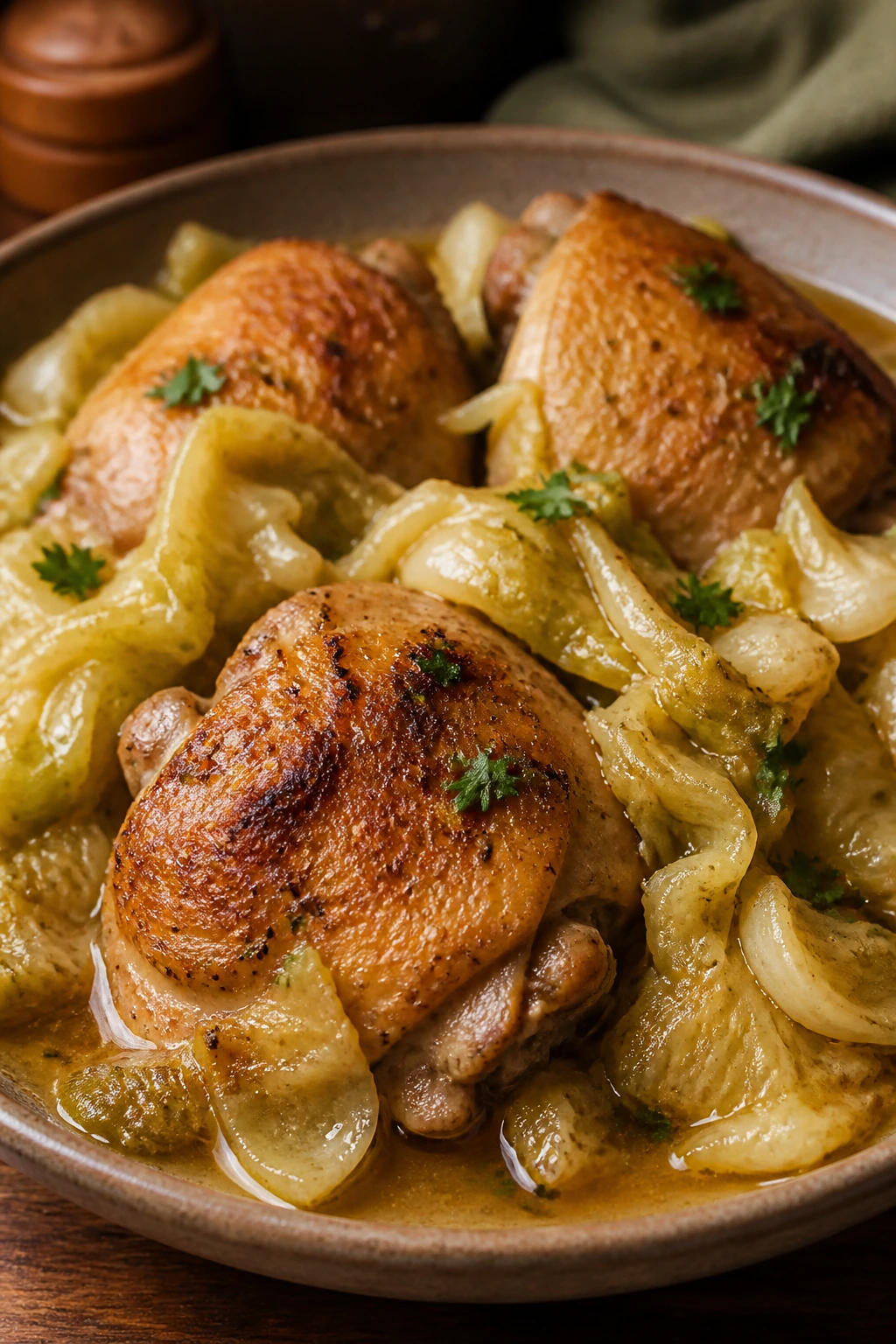 Braised chicken thighs with cabbage in a pan sauce on a rustic plate