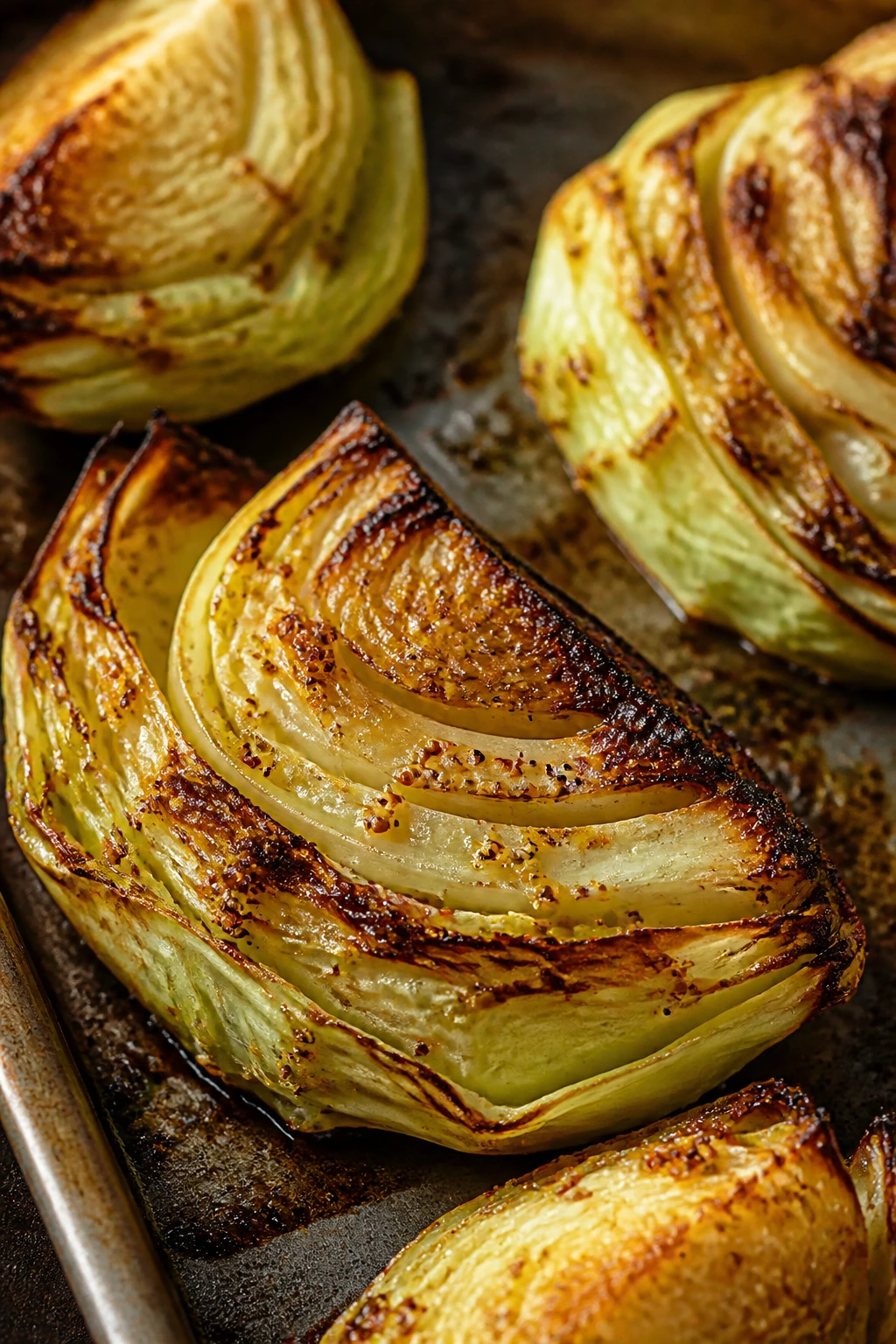 Cabbage wedges roasted with Dijon glaze showing crisp edges