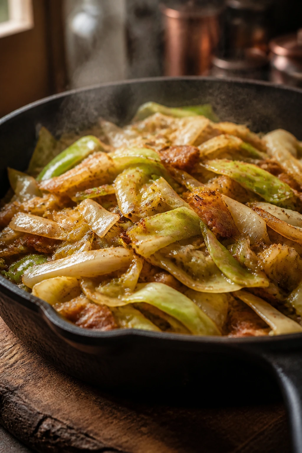 Close-up of a steaming cabbage dinner in a cast-iron skillet in a warm kitchen