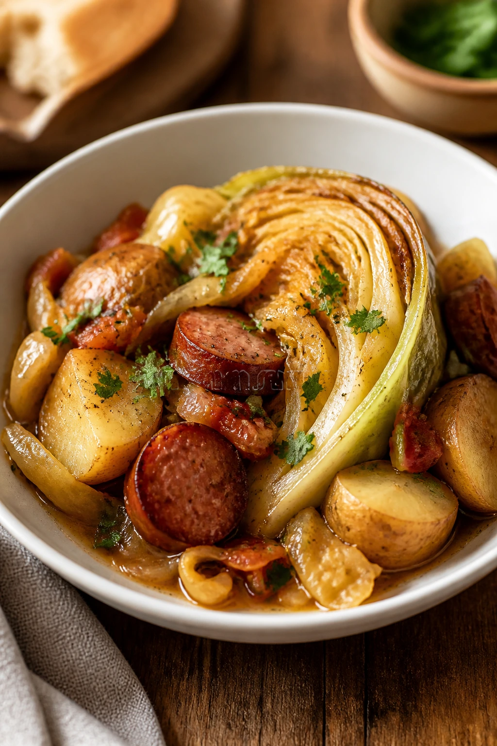 Plated cabbage-based dinner in a shallow bowl on a warm table