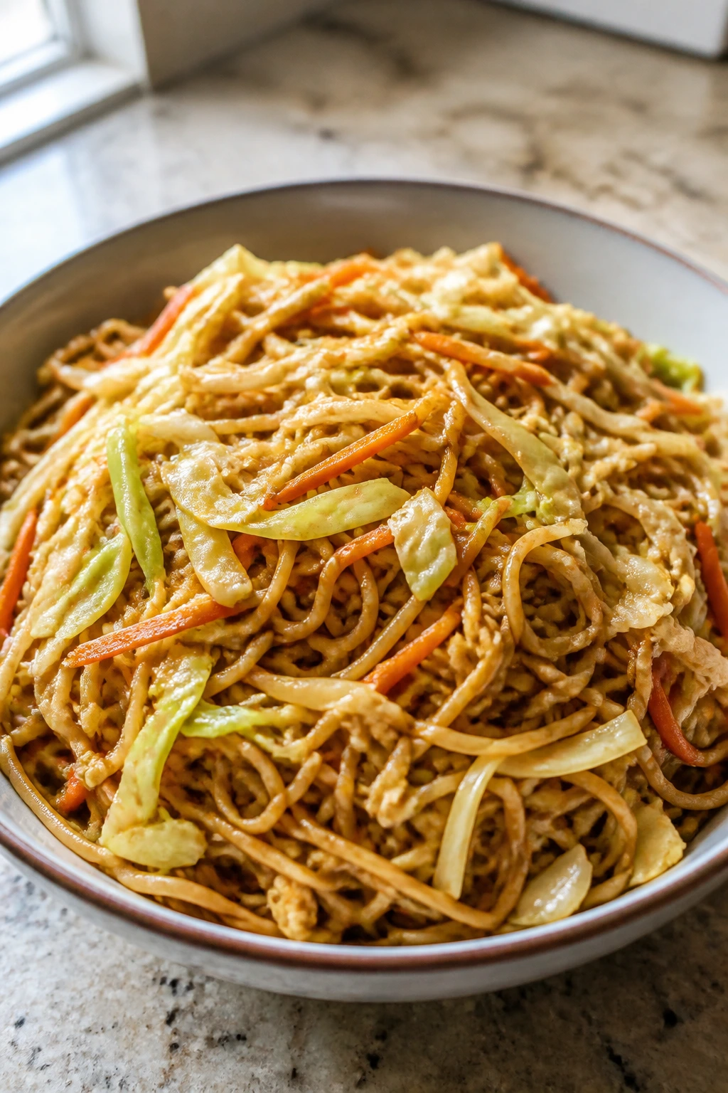 Close-up of Cabbage Fried Noodles in a bowl