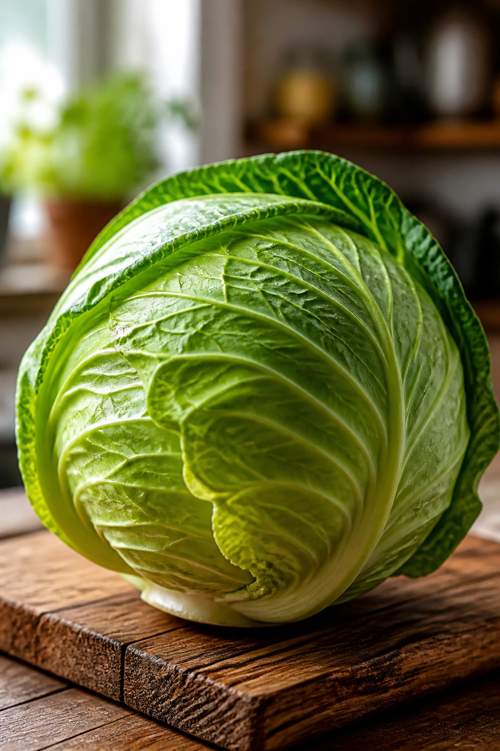Close-up of green cabbage head on wooden cutting board in warm kitchen