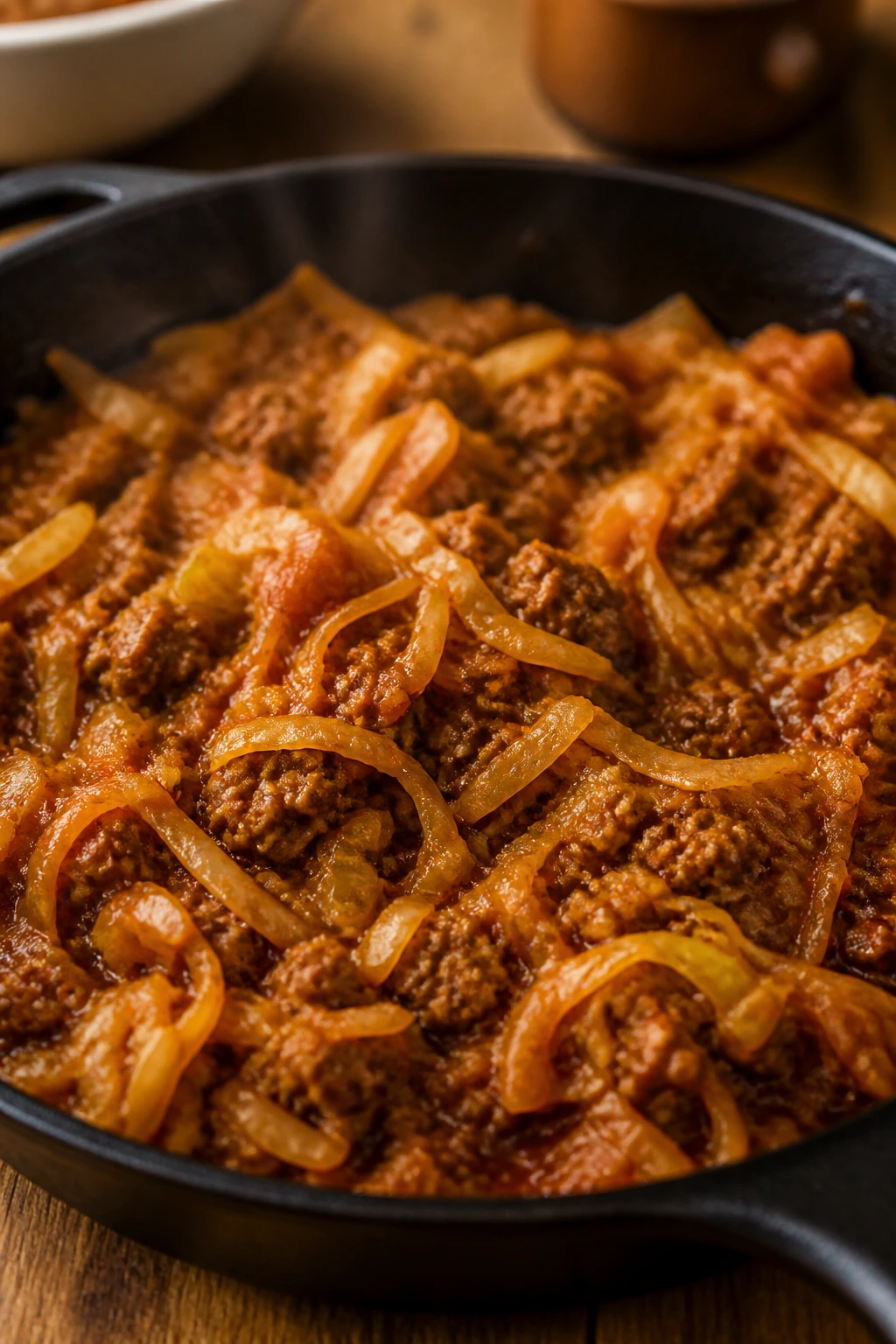 Skillet with ground beef and cabbage steaming on a wooden counter