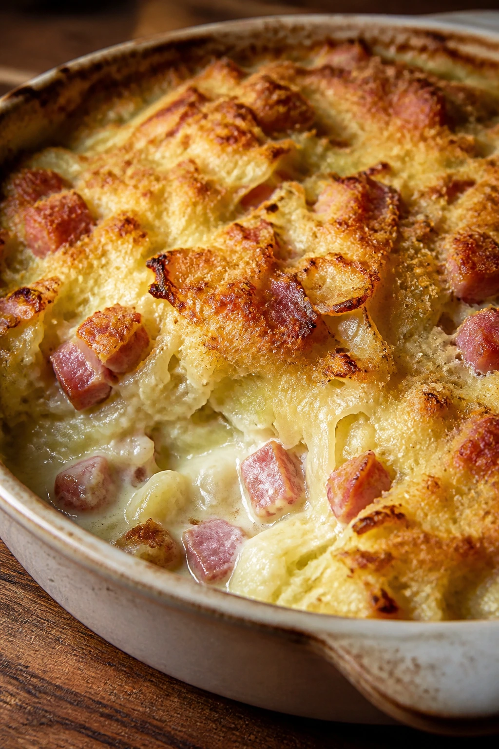 Close-up of cabbage gratin bubbling with ham and Gruyère