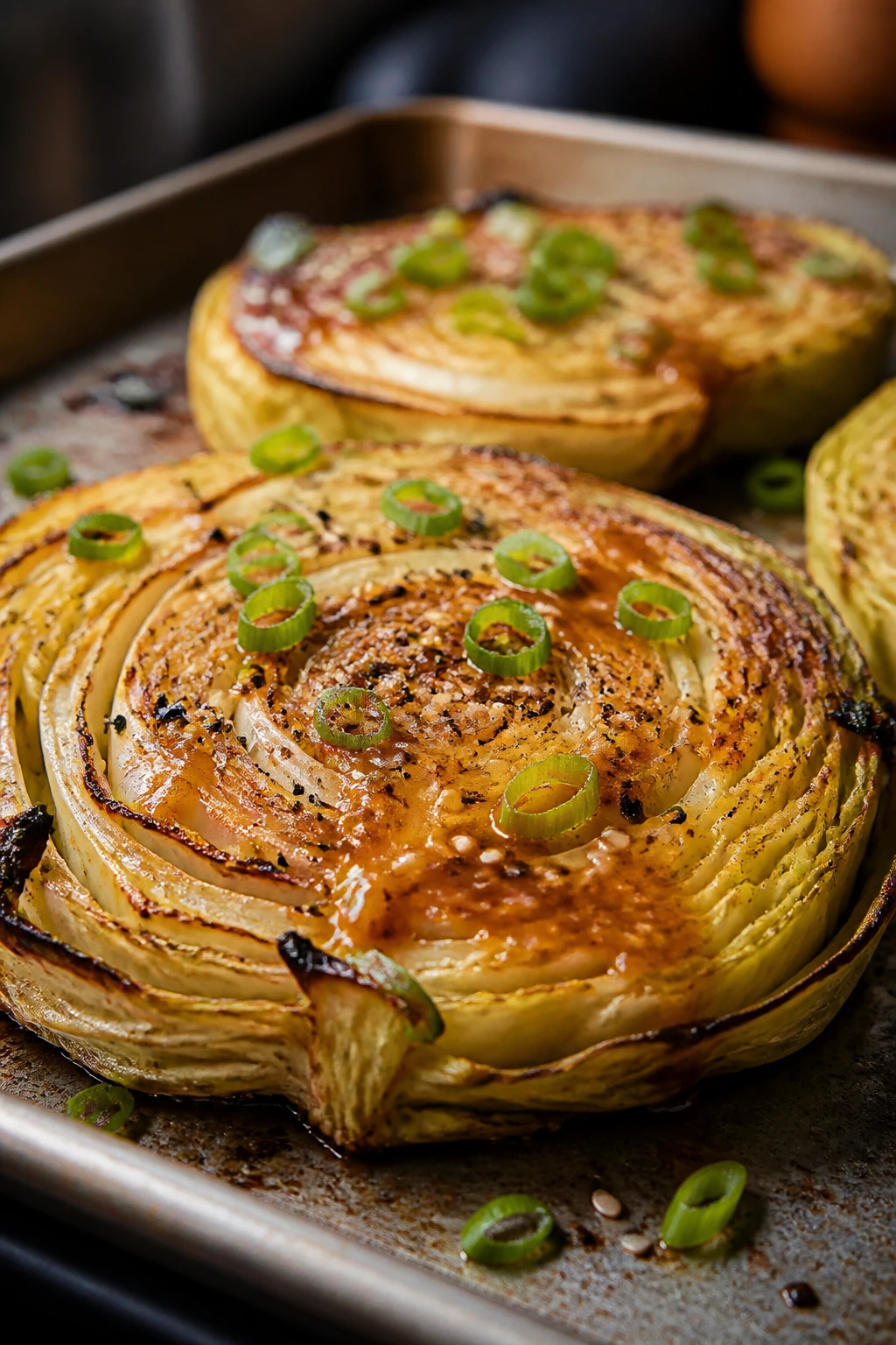Cabbage steak with miso butter and sesame seeds on a sheet pan
