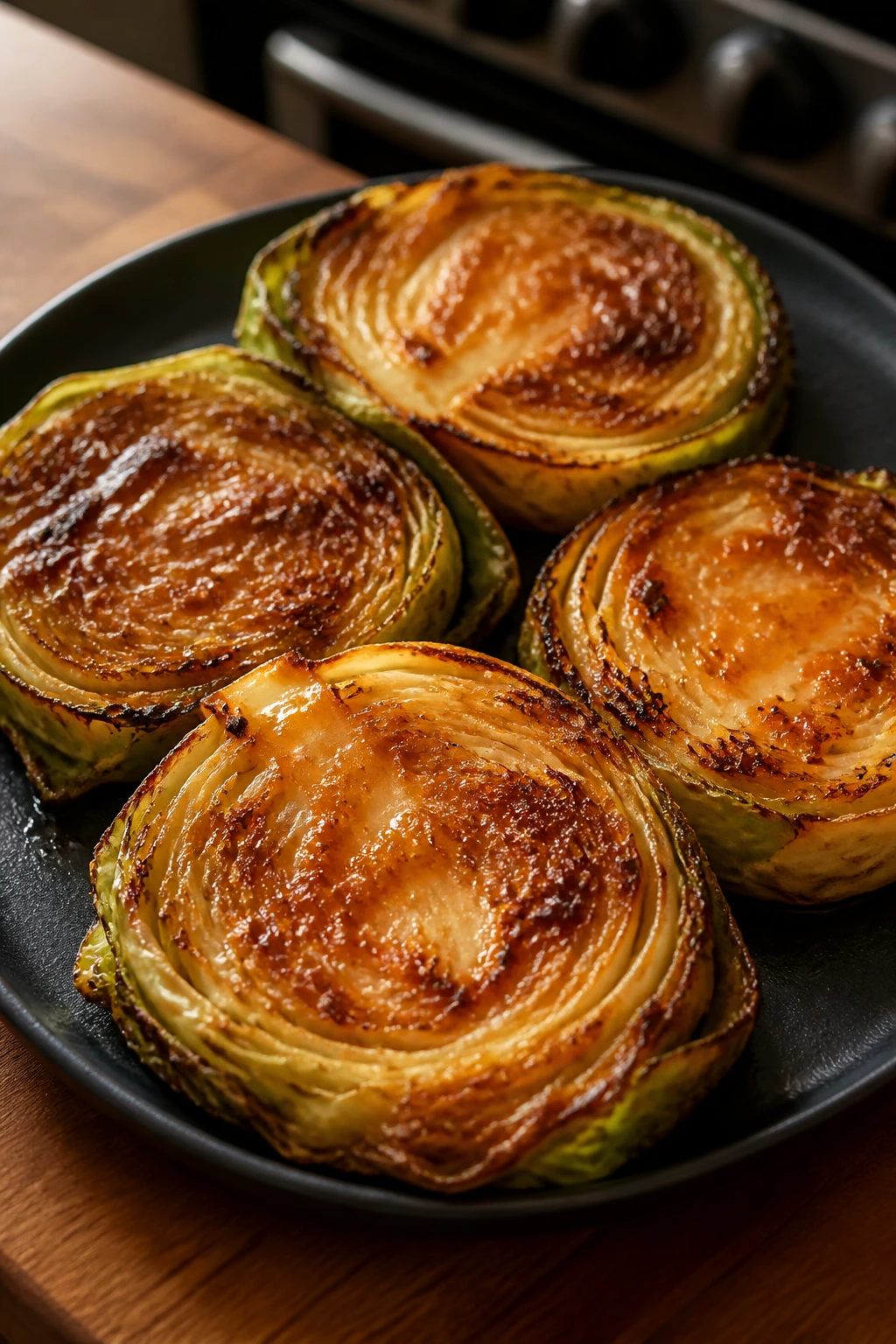Thick miso-glazed cabbage steaks on a dark plate in a home kitchen