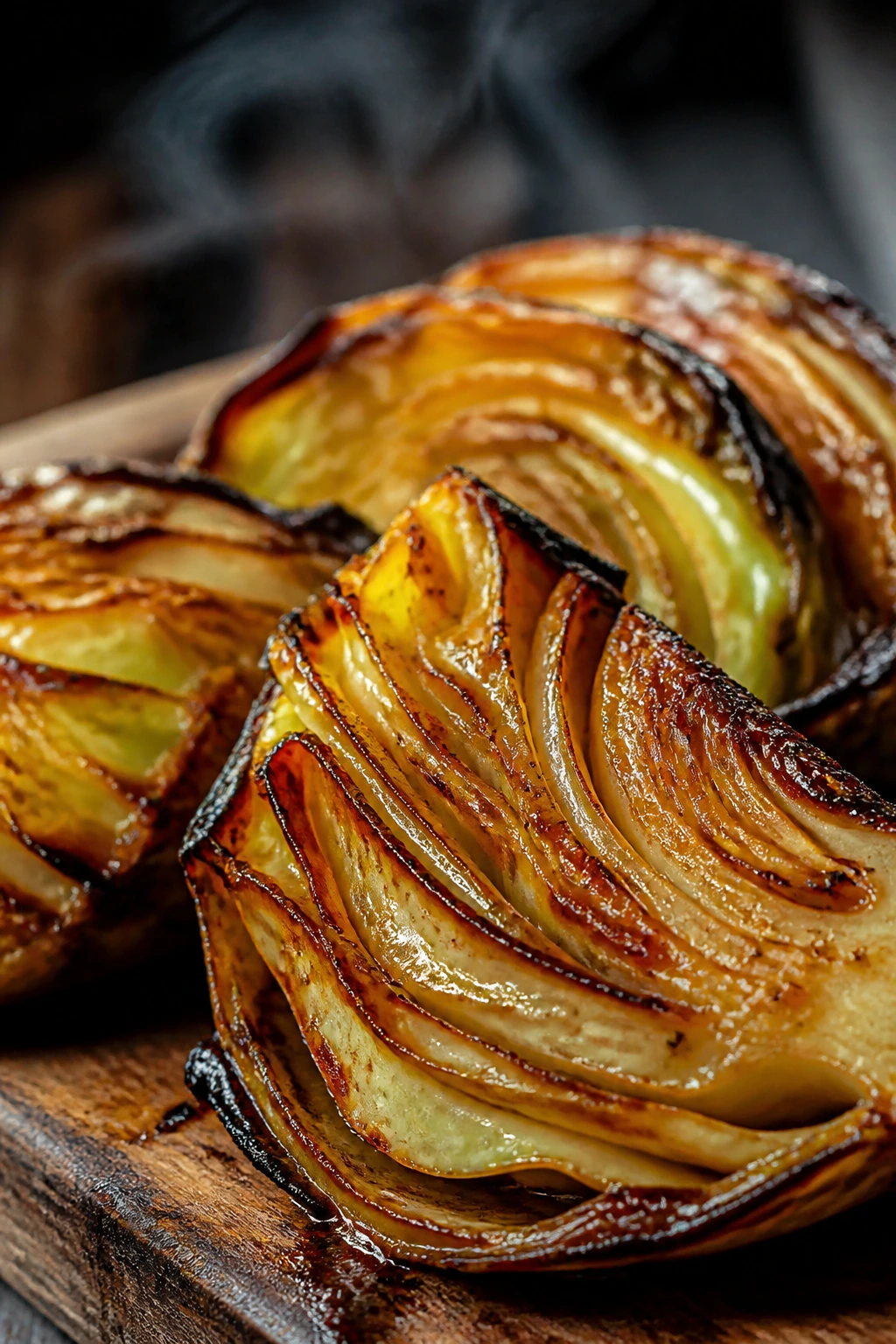 Cabbage wedges with miso glaze on a rustic board