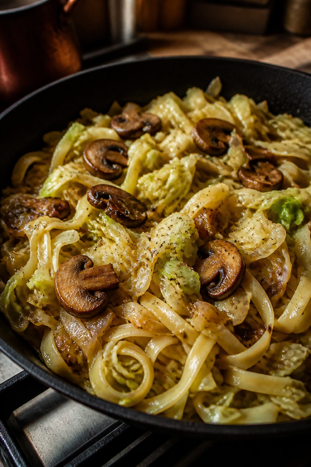 Pasta with cabbage and mushrooms in skillet