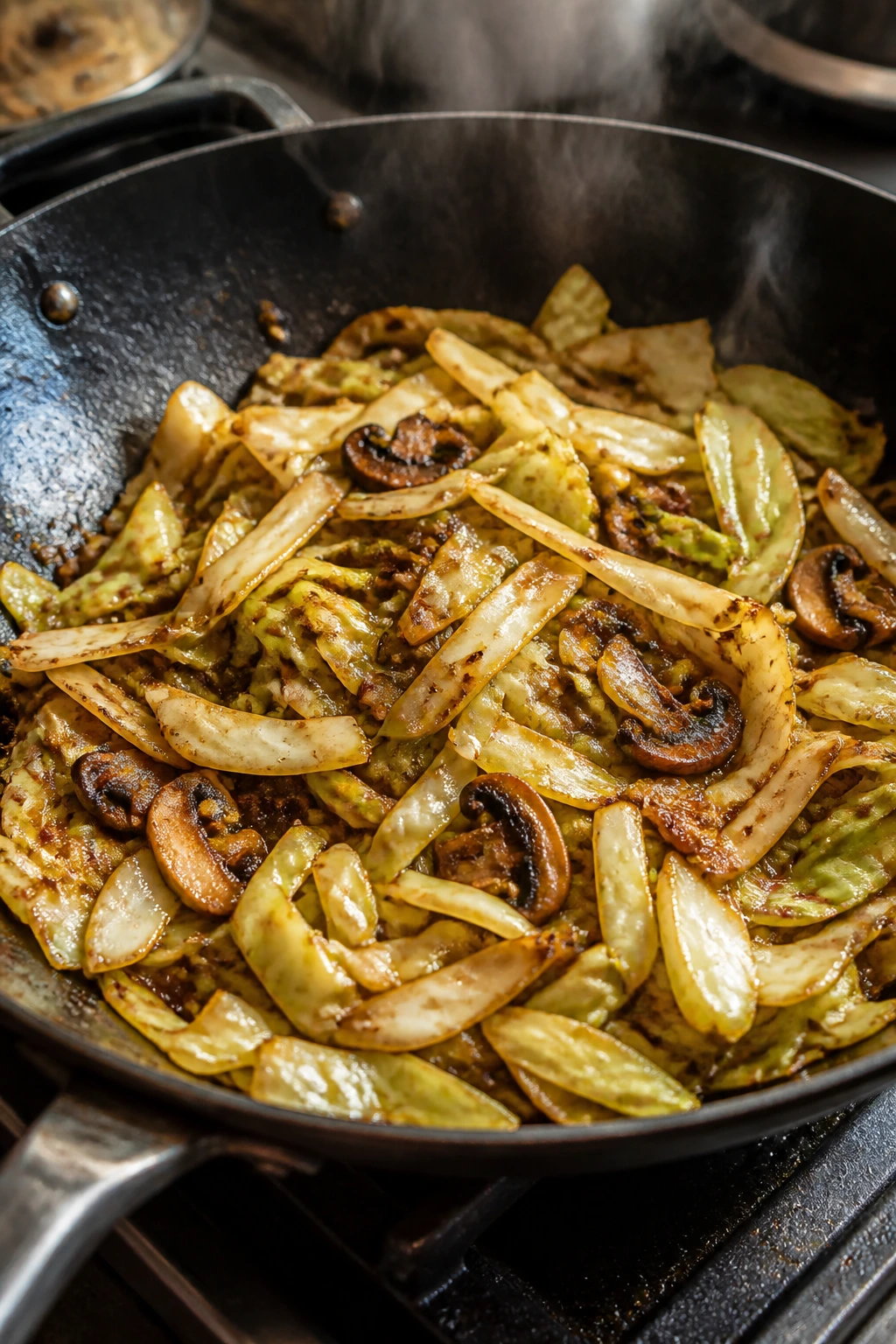 Close-up of cabbage and mushroom stir-fry in a wok on a stove.