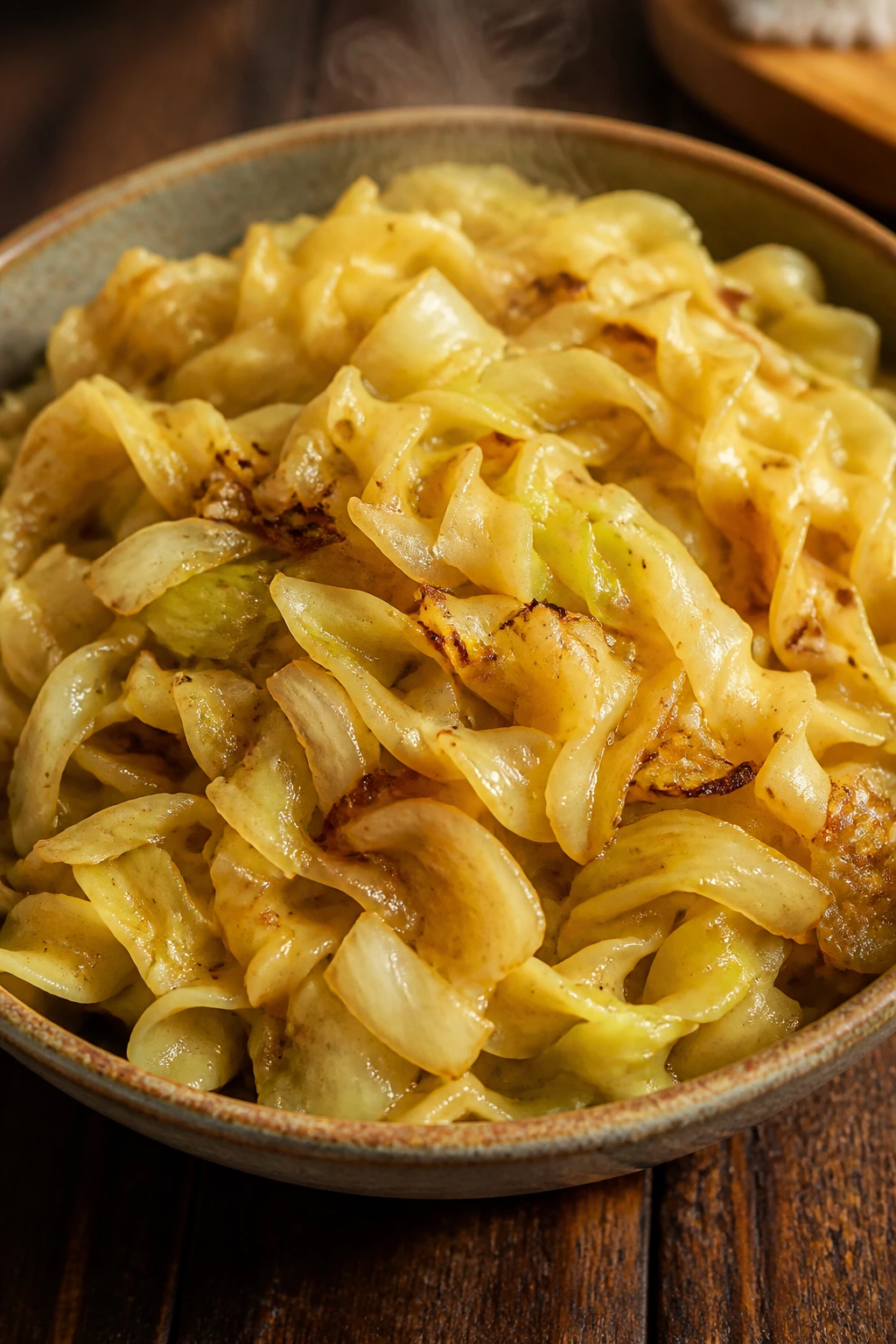 Close up of buttered cabbage noodle bowl with onions.