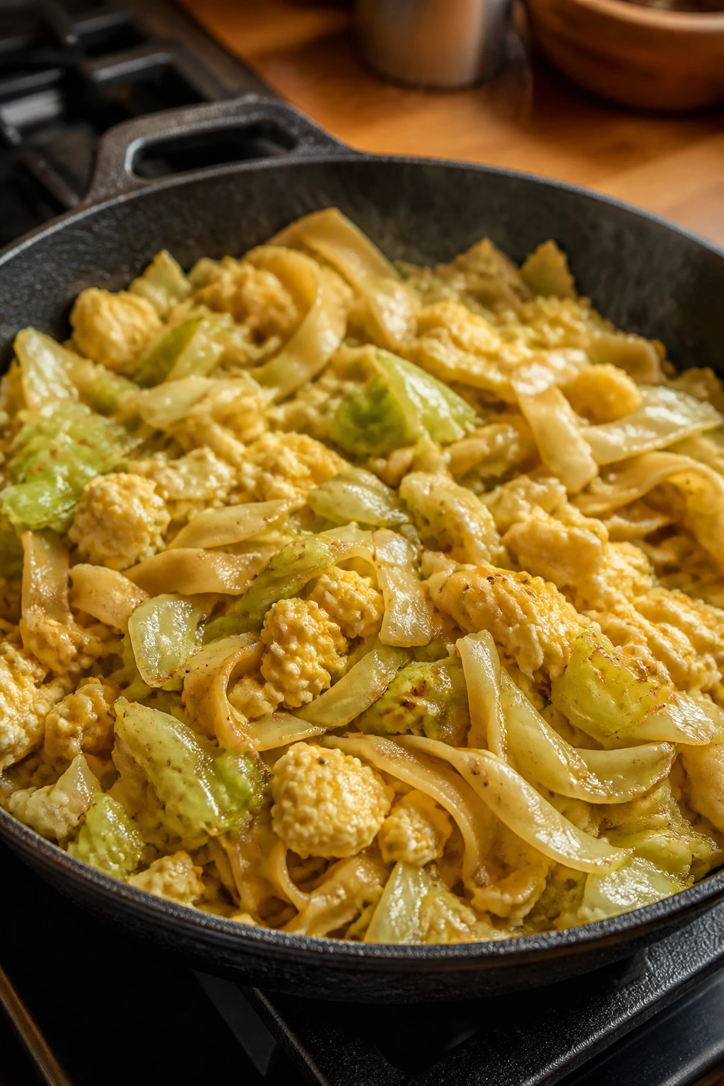 Close-up of cabbage and noodle skillet with eggs in a home kitchen