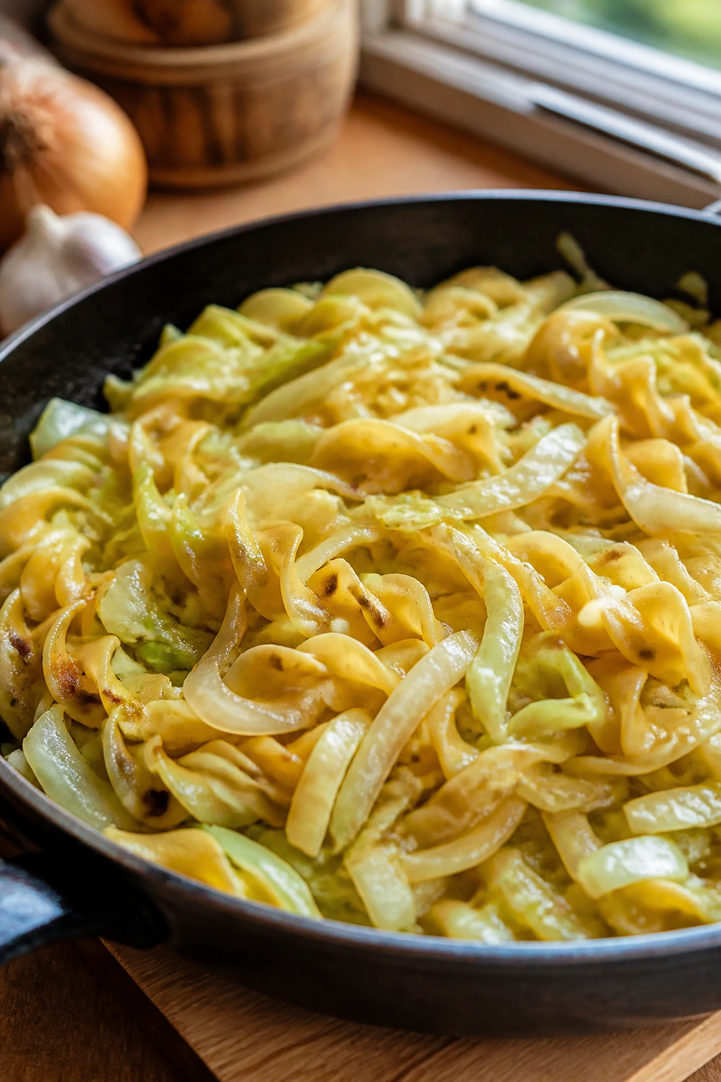 Close-up of cabbage and noodles in a skillet in a warm home kitchen