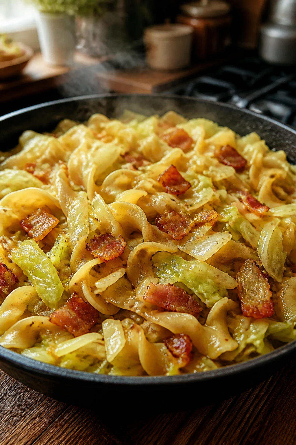 Close-up of Cabbage and Noodles with Bacon skillet with cabbage noodles and crispy bacon.