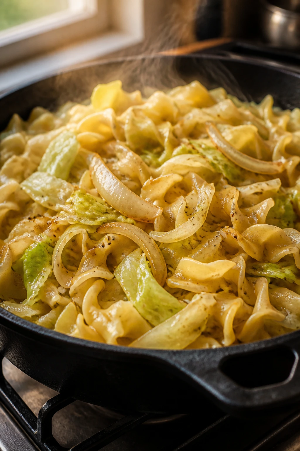 Close-up of buttered cabbage and egg noodles sizzling in a skillet