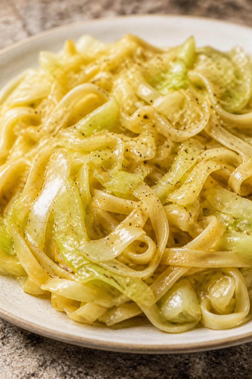 Close-up of butter-sautéed cabbage and noodles on a plate