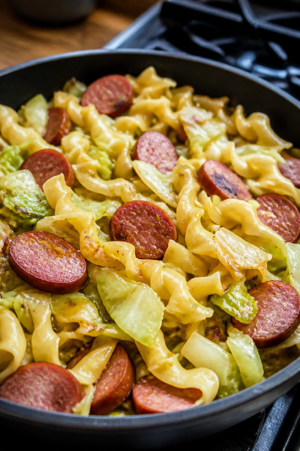 Skillet of cabbage, noodles and kielbasa on a stove