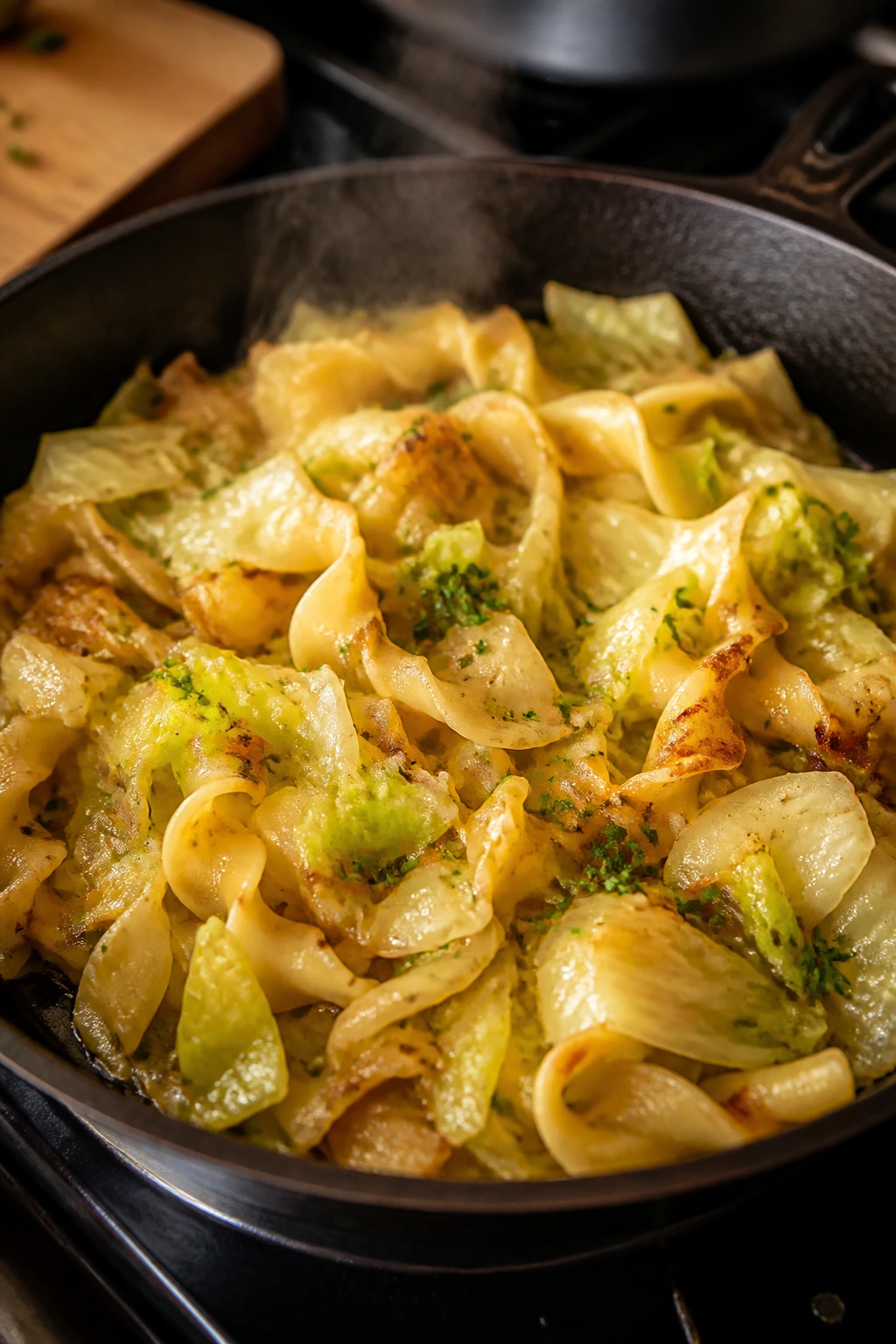 Skillet with cabbage and noodles in butter