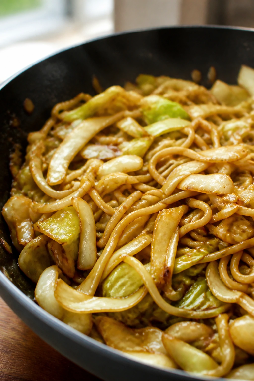 Cabbage and noodles stir-fry in a pan