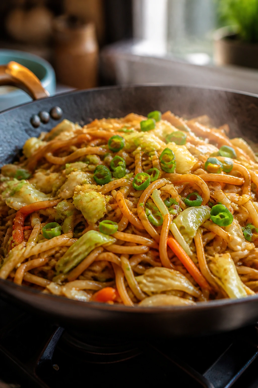 Close-up of cabbage and noodle stir-fry in a skillet