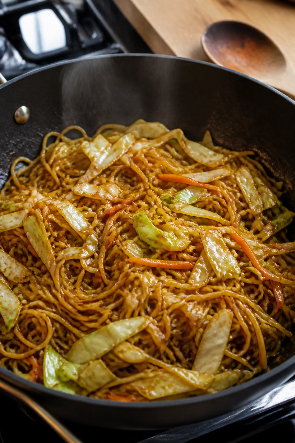 Medium close-up of cabbage noodle teriyaki stir-fry in skillet