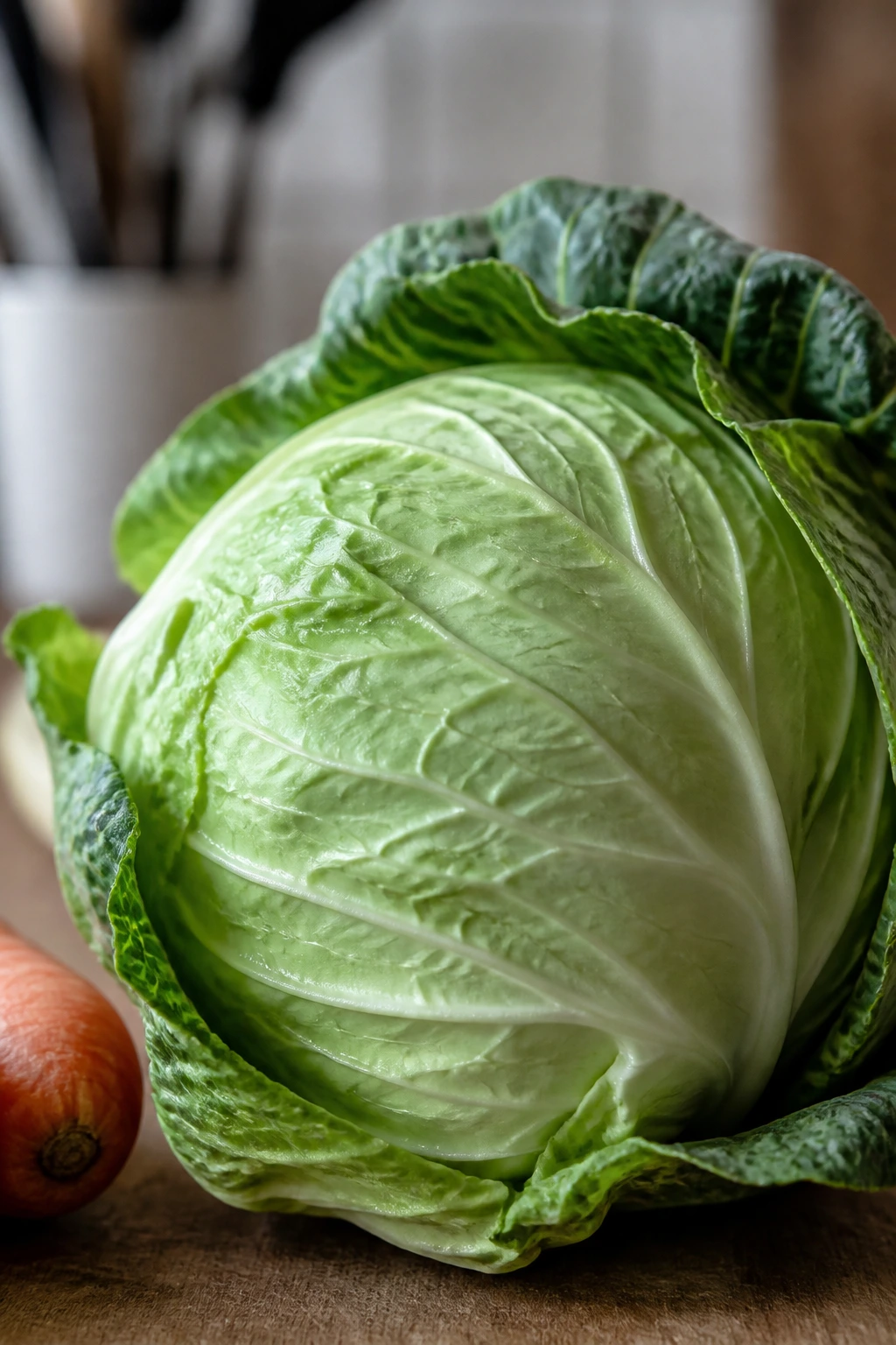 Fresh cabbage filling the frame on a kitchen counter