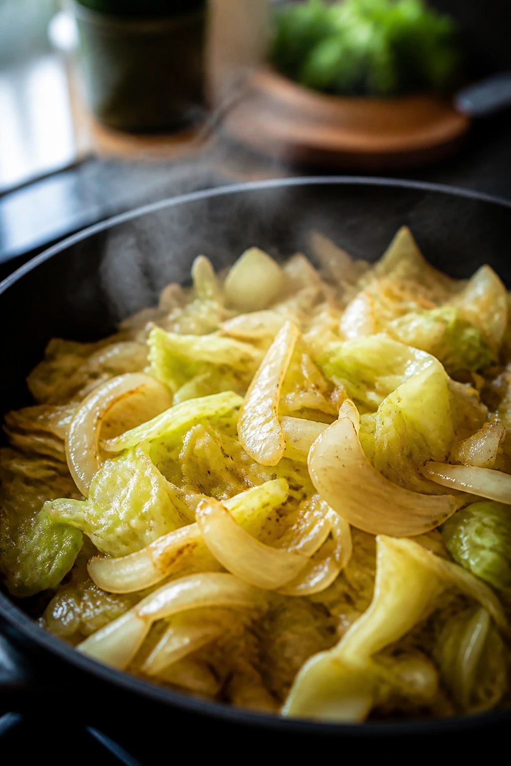 Close-up of sautéed cabbage and onions finishing a meal