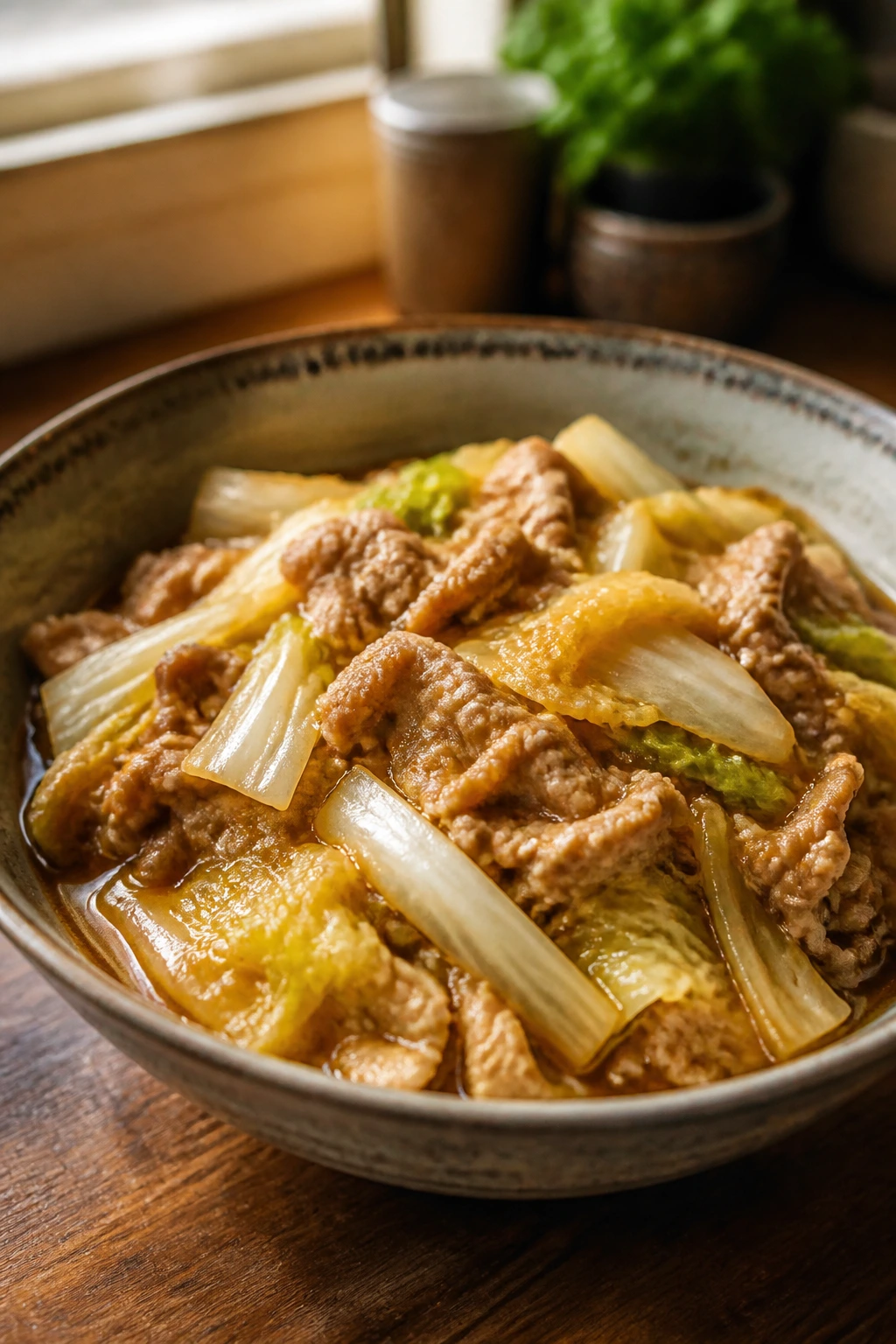 Close-up of braised Chinese cabbage and pork in glossy sauce