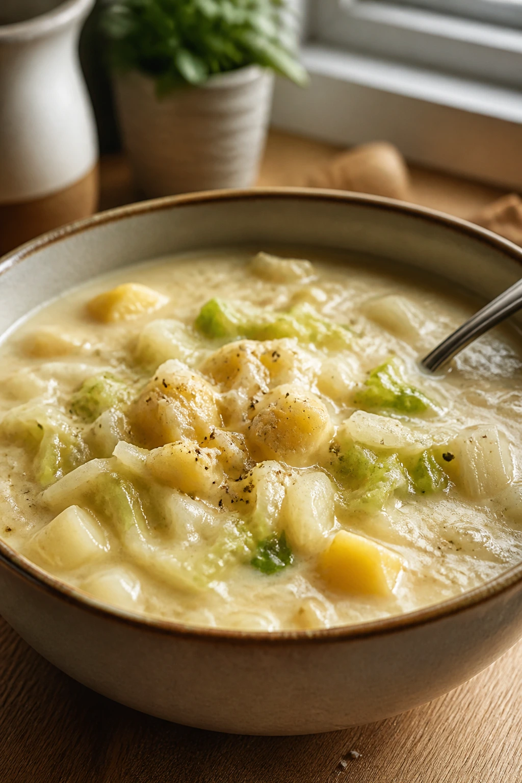 Close-up of Cabbage and Potato Chowder in a bowl on a kitchen counter