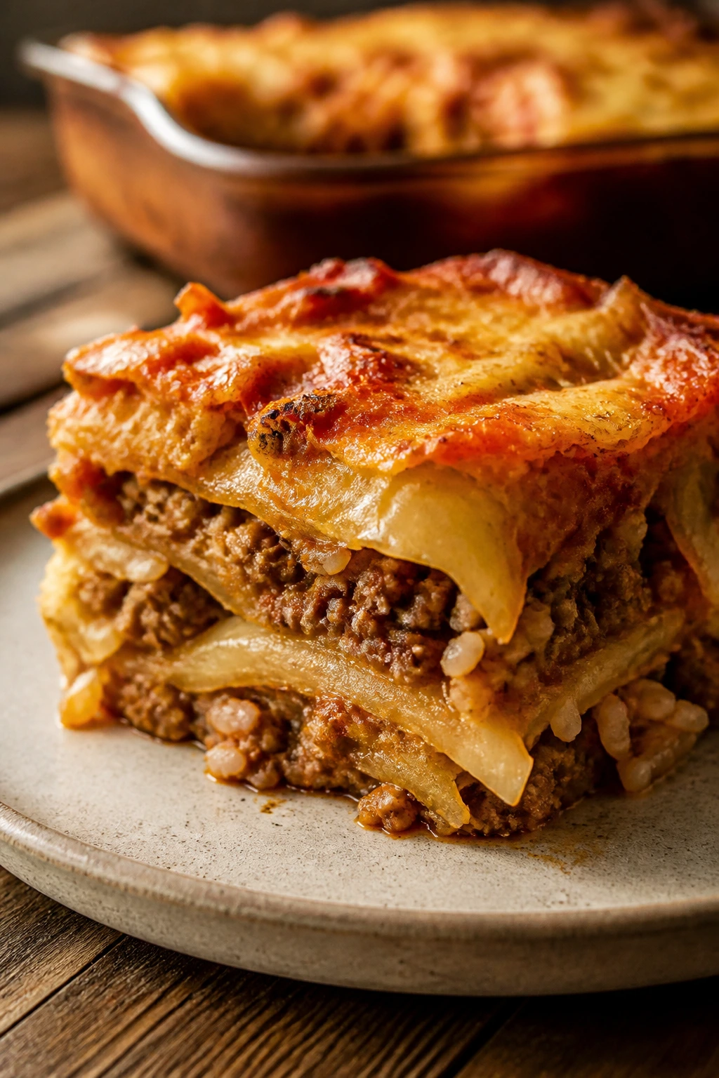 Slice of cabbage roll casserole with ground beef layers