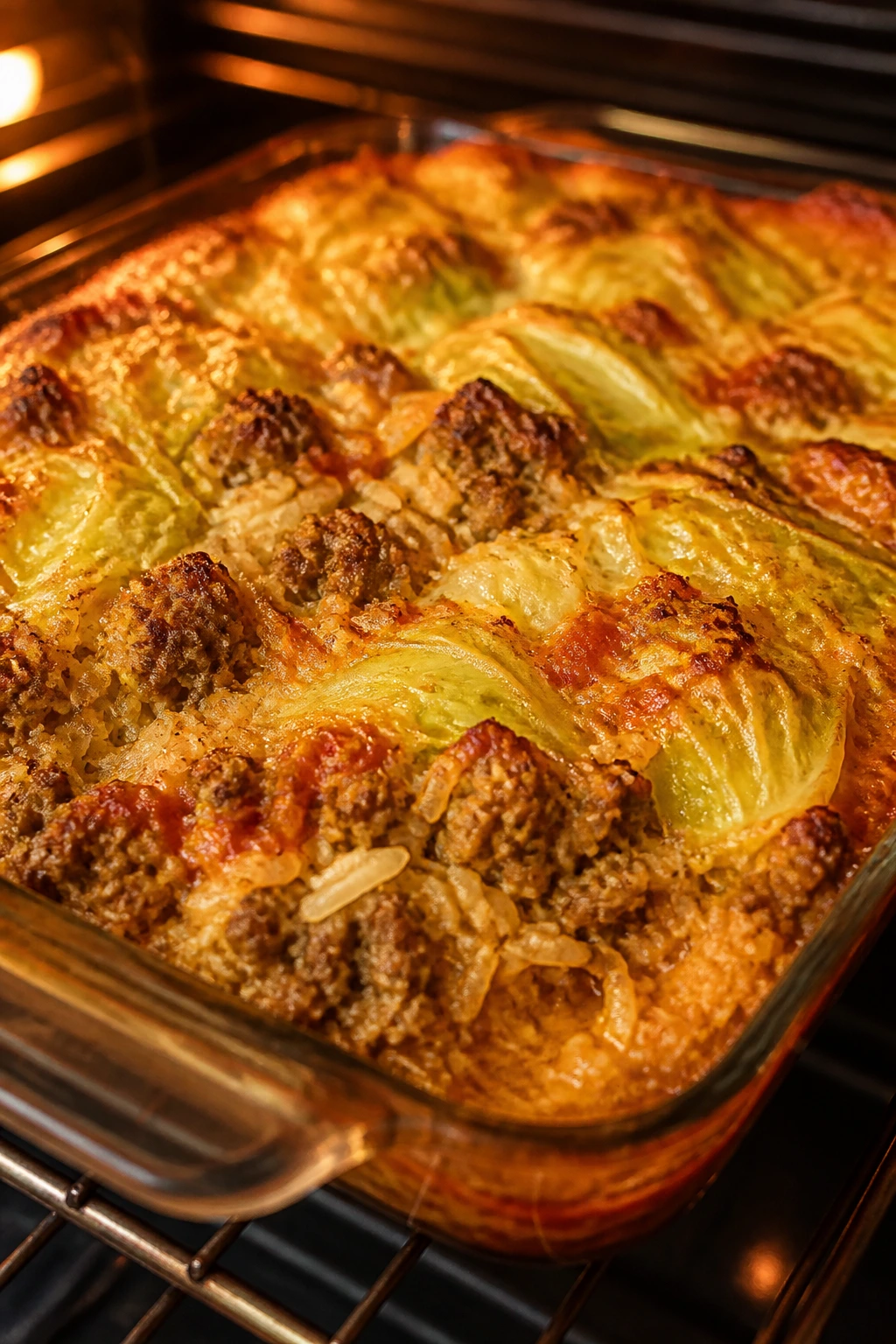 Casserole with cabbage layers and beef-rice filling, browned top.