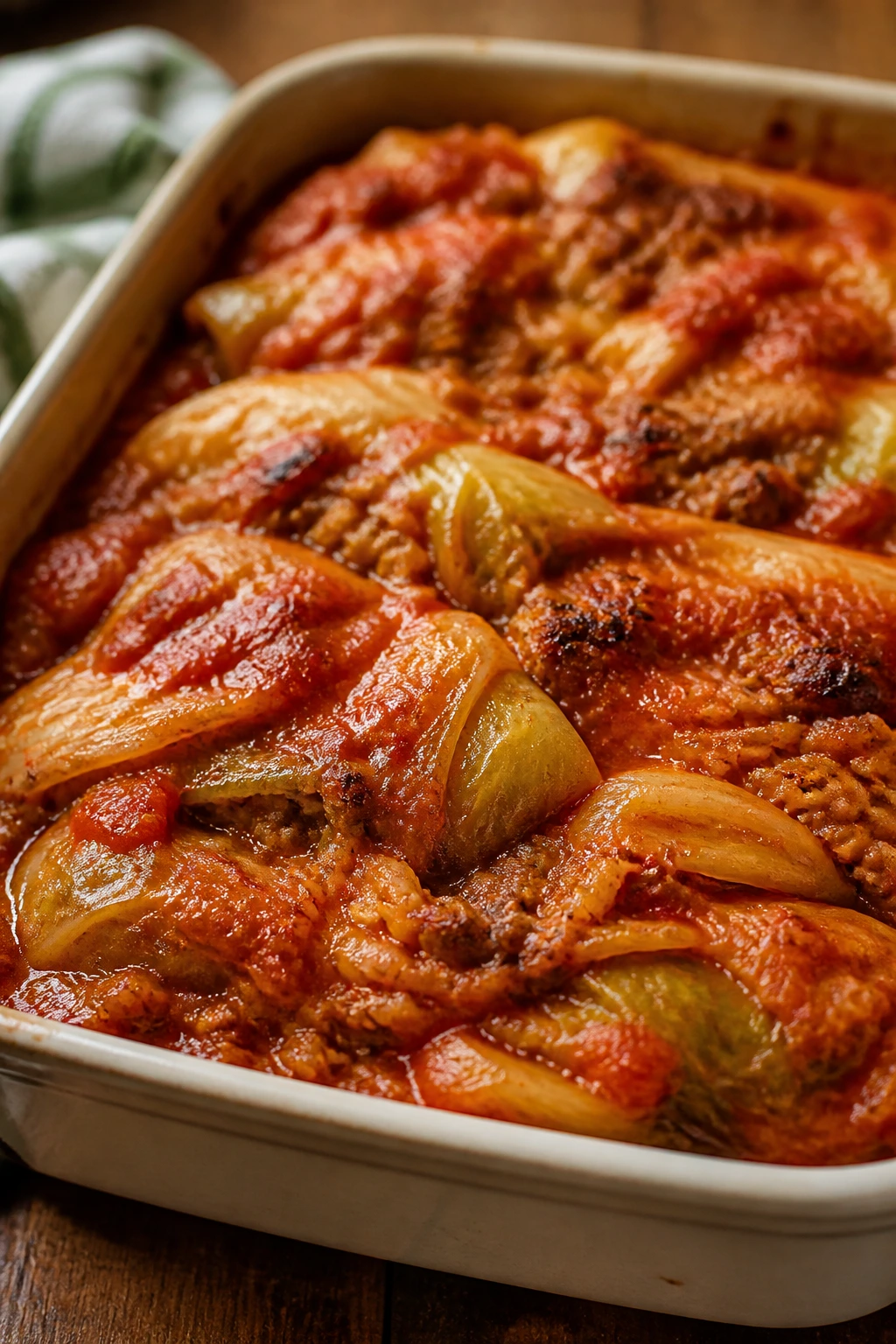 Close-up of a cabbage roll casserole with cabbage ribbons in tomato sauce in a pan.