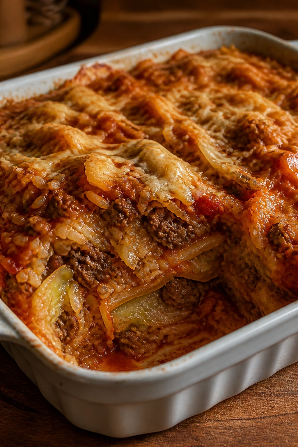 Cabbage roll casserole with layers of cabbage and beef