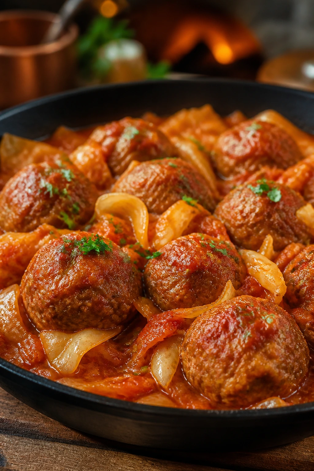 Close-up of cabbage roll meatballs in tomato sauce with cabbage ribbons