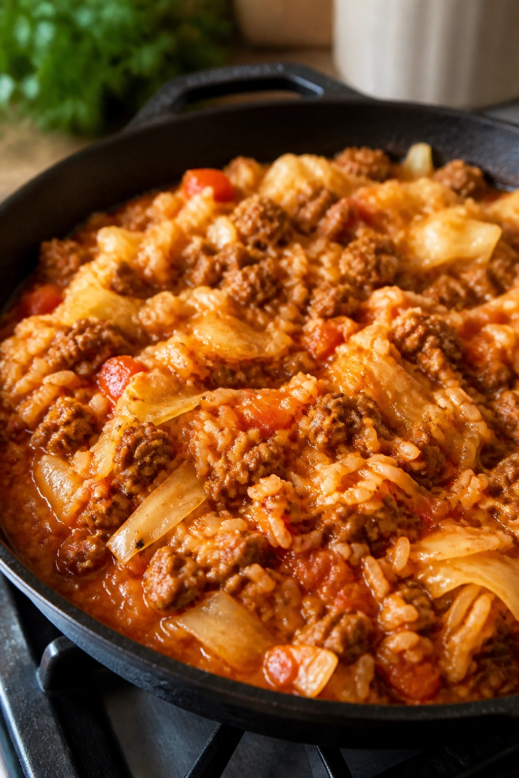 Close-up of a cabbage roll skillet with beef, rice, and tomato sauce in a warm kitchen