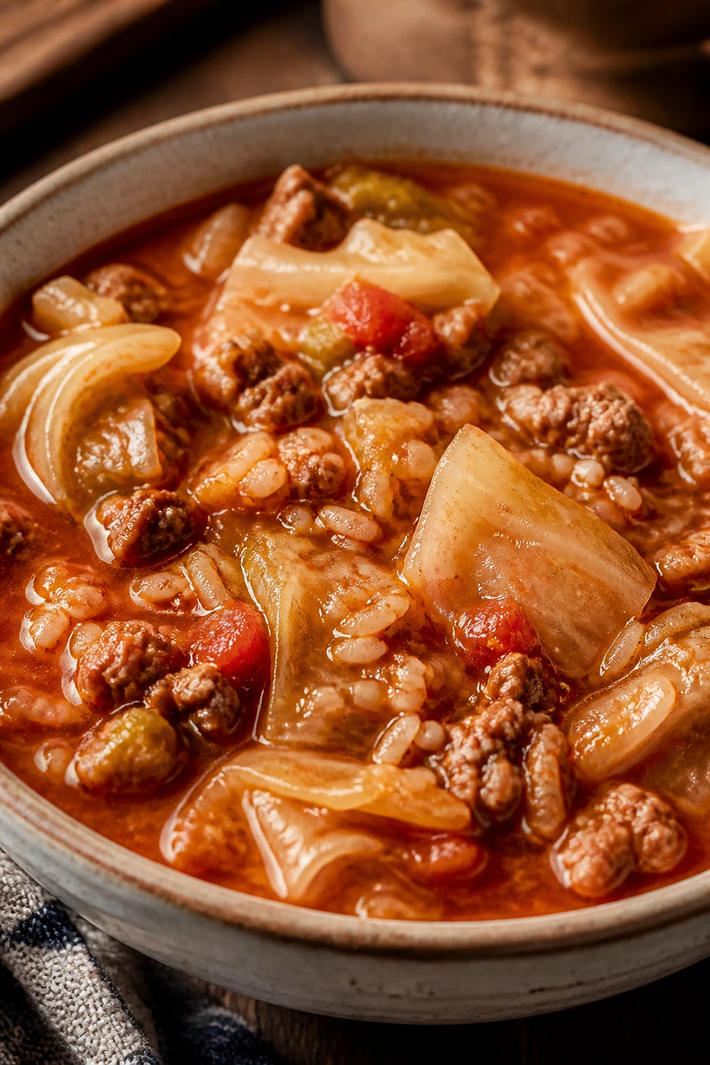 Close-up of cabbage roll soup with cabbage and beef in tomato broth