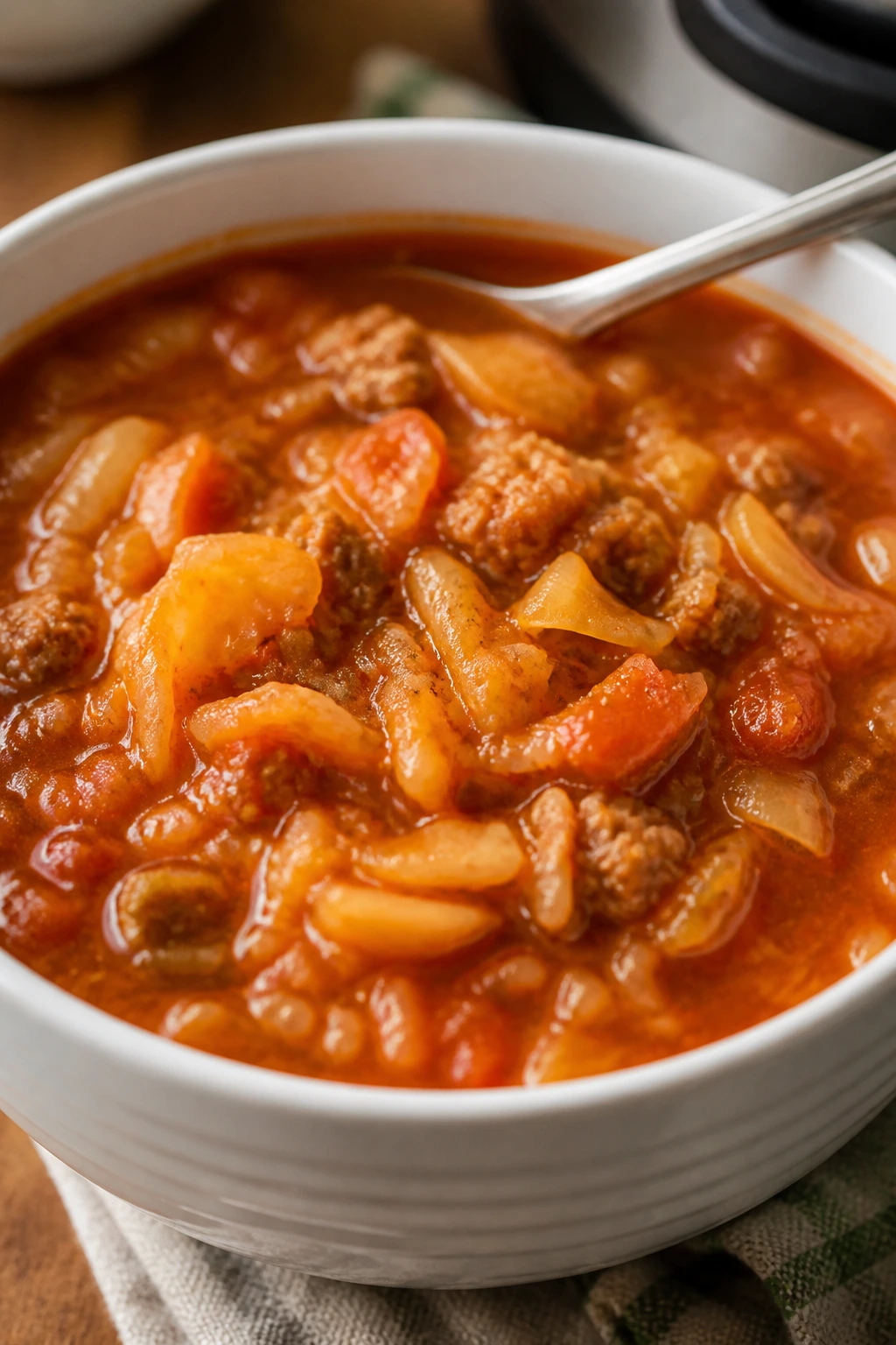 Hearty cabbage roll soup in a bowl with cabbage and meat