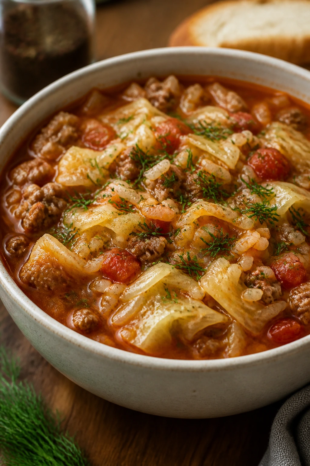 Close-up of cabbage roll soup with beef, rice, and cabbage chunks