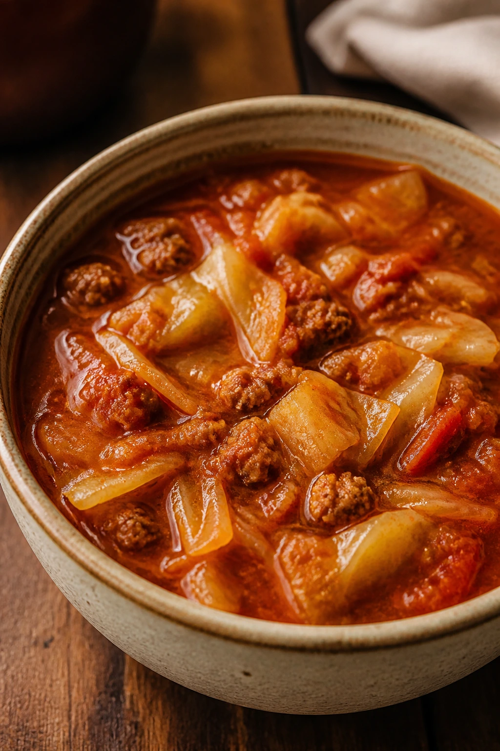 Cabbage Roll Soup with cabbage pieces in tomato broth